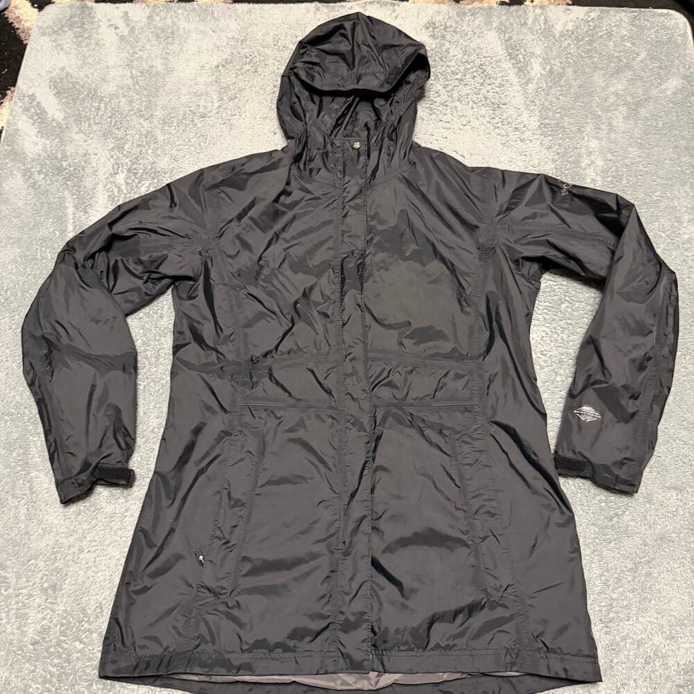 Columbia Jacket Womens XL Black Omni Tech Hooded Rain Nylon Long Coat